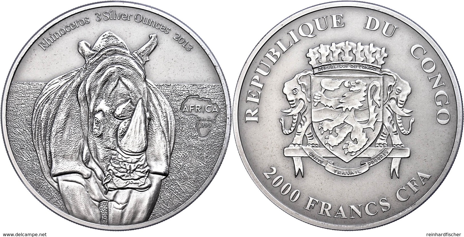 519 2.000 Francs, 2013, Africa - Nashorn, 3 Unzen Silber, Antik Finish, In Kapsel Mit Zertifikat, St. Auflage Nur 500 St - Congo (Democratische Republiek 1964-70)