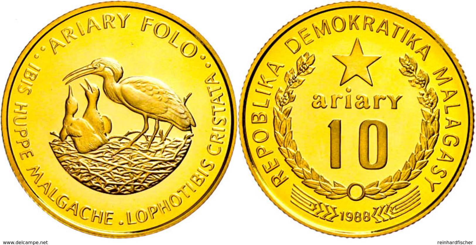 530 10 Ariary, Gold, 1988, Mähnenibis, 9,22g Fein, KM 16, In Kapsel, Mit WWF-Zertifikat, PP. Auflage 5000 Stück.  PP - Autres & Non Classés