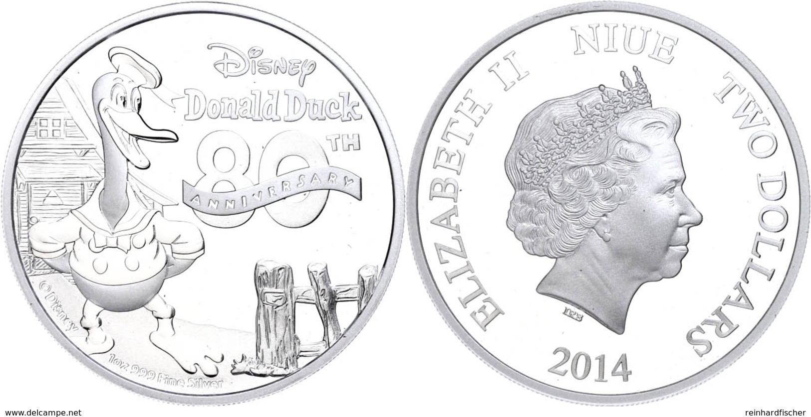 560 2 Dollars, 2014, Disney - Donald Duck, 1 Unze Silber, Etui Mit OVP Und Zertifikat, PP. Auflage Nur 10.000 Stück.  PP - Niue