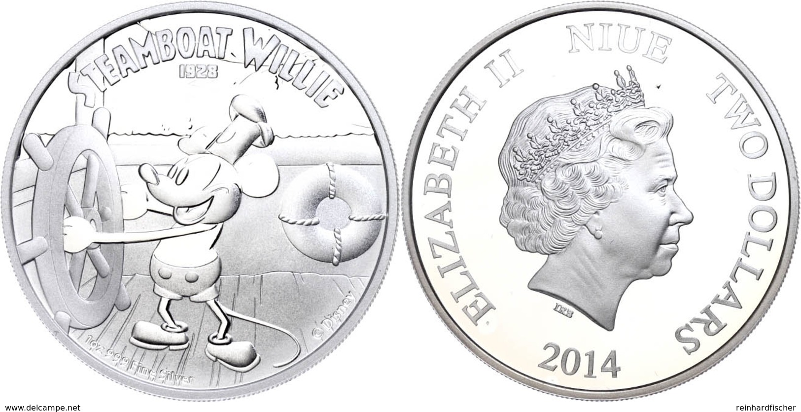 561 2 Dollars, 2014, Disney Steamboat Willie - Mickey Mouse, 1 Unze Silber, Etui Mit OVP Und Zertifikat, PP. Auflage Nur - Niue
