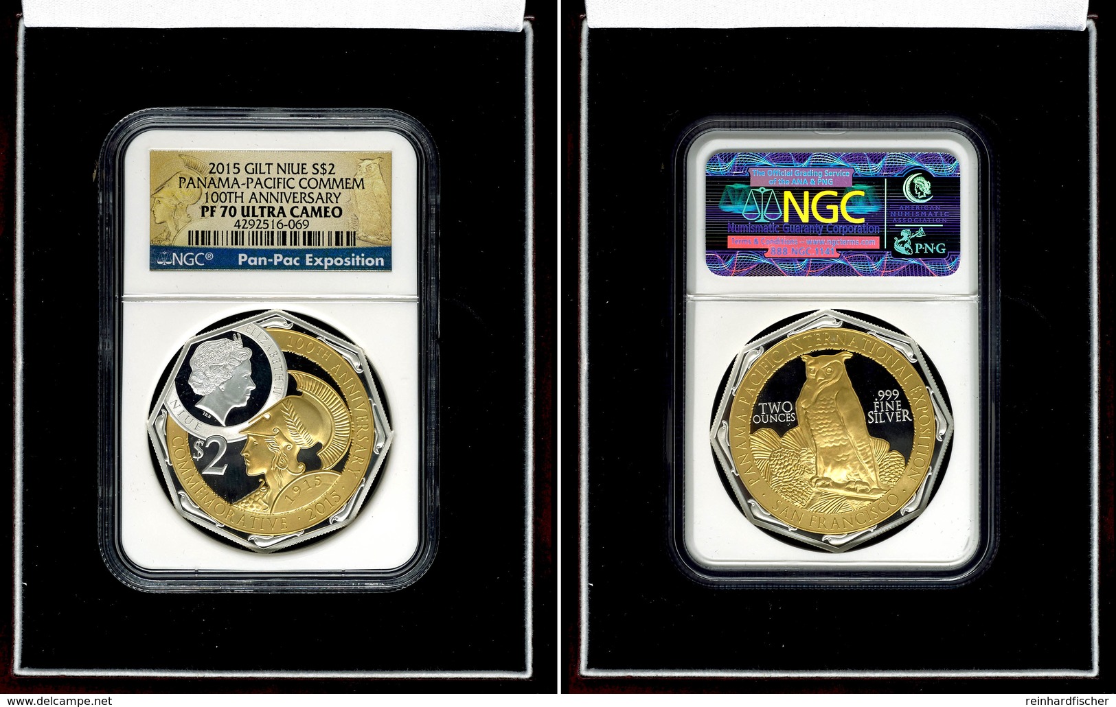 567 2 Dollars, 2015, Panama Pacific Int. Exposition, 2 Unzen Silber, Teilvergoldet, In Slab Der NGC Mit Der Bewertung PF - Niue
