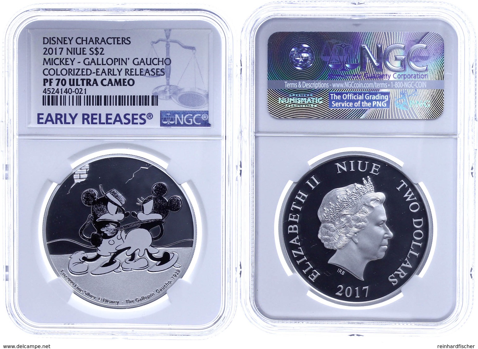 576 2 Dollars, 2017, Mickey's Gallopin' Gaucho, In Slab Der NGC Mit Der Bewertung PF 70 Ultra Cameo, Koliriert, Early Re - Niue