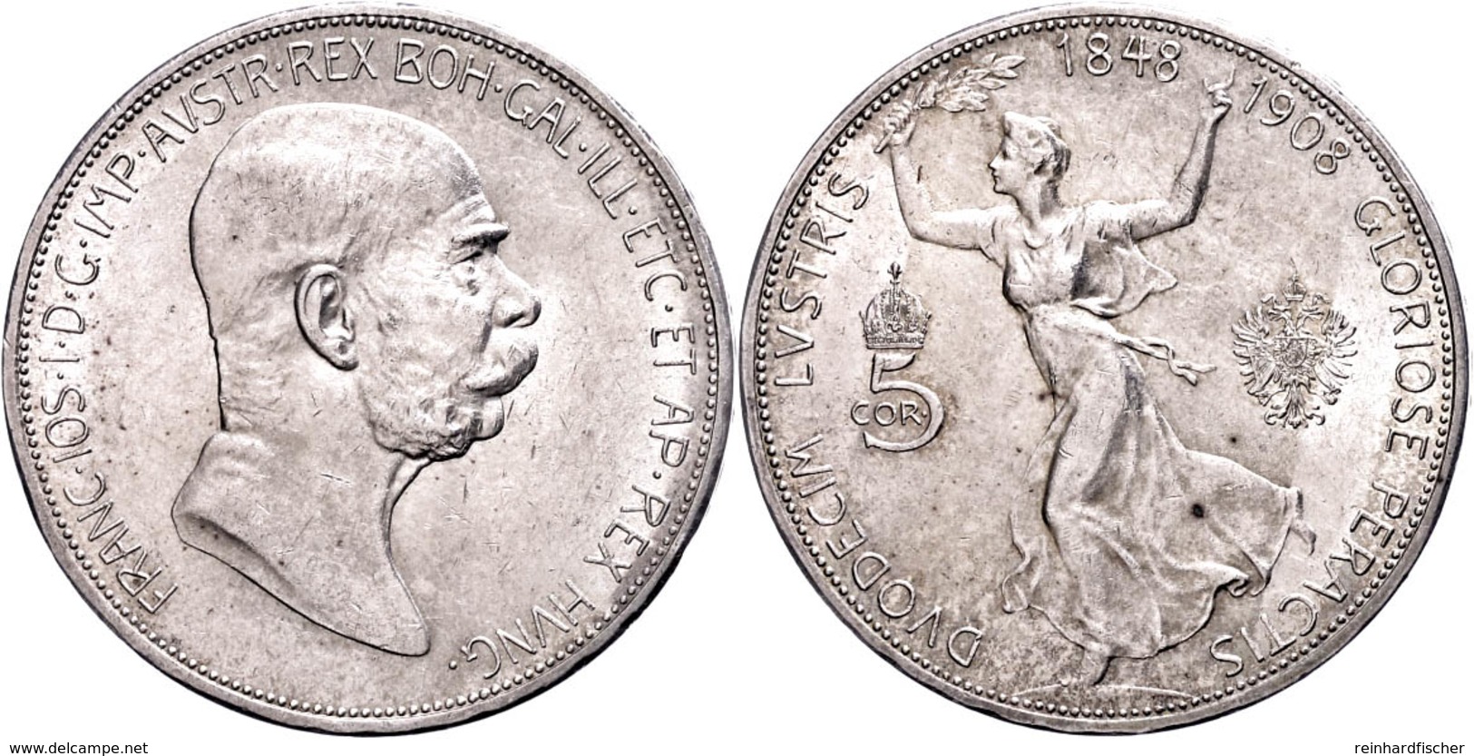 582 5 Kronen, 1908, Franz Joseph I., Zum 60. Regierungsjubiläum, J. 397, Kl. Rf., Vz.  Vz - Oesterreich