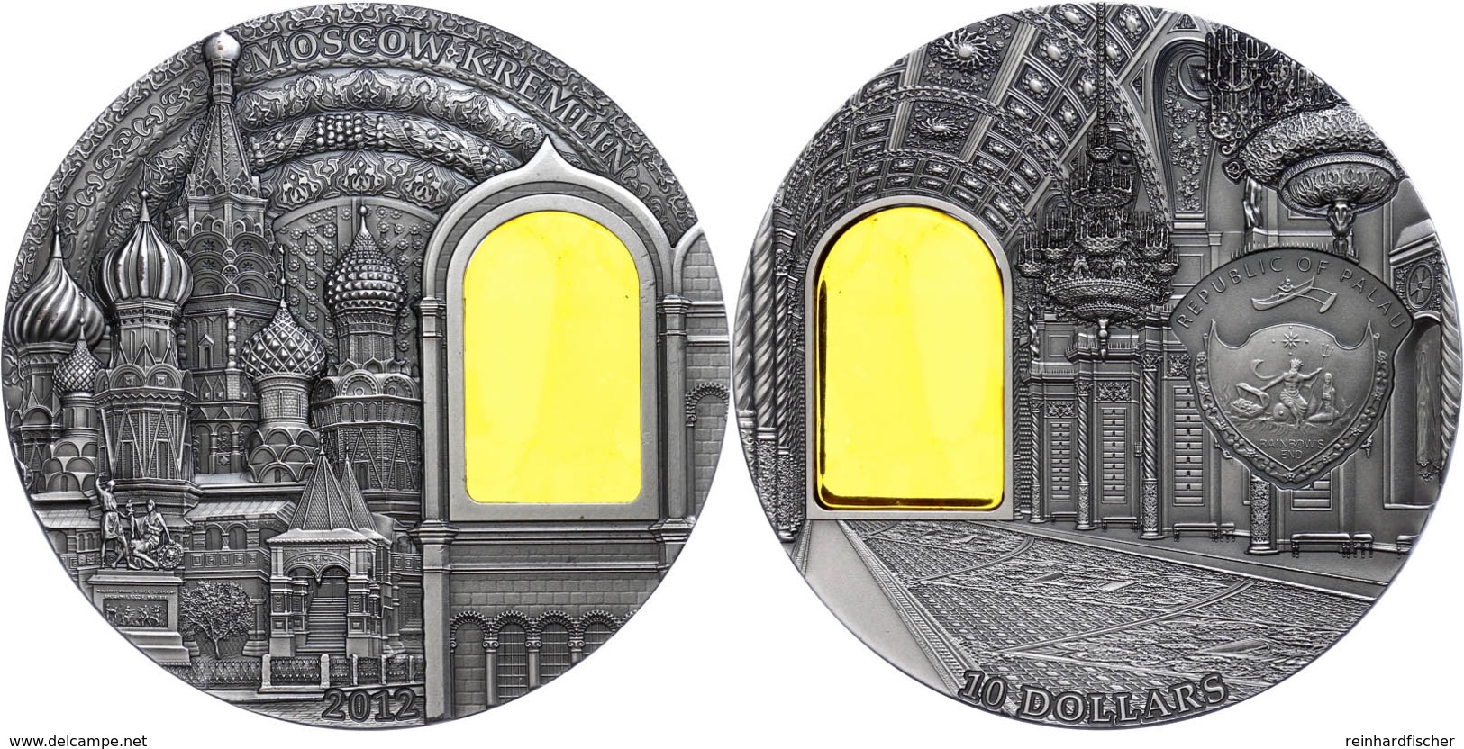 591 10 Dollars, 2012, Mineral Art - Kreml Moskau, 2 Unzen Silber, Antik Finish, Stein, In Kapsel Mit Zertifikat, St. Auf - Palau