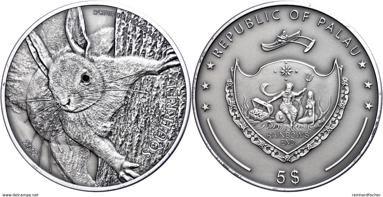 592 5 Dollars, 2012, Rotes Eichhörnchen, 1 Unze Silber, Antik Finish, Mit Swarovski, Etui Mit OVP Und Zertifikat, St. Au - Palau