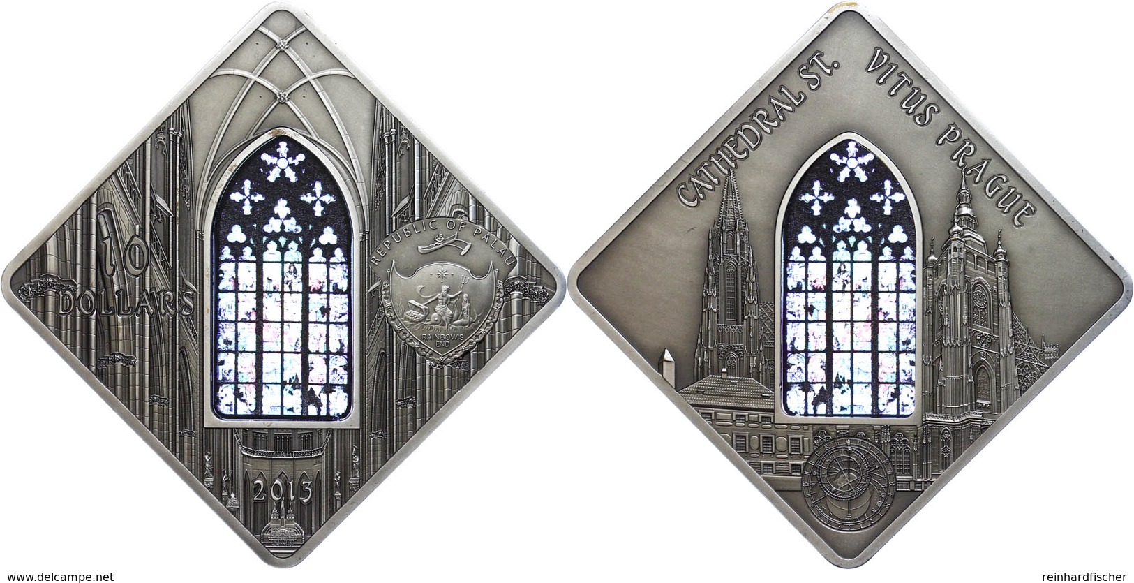 593 10 Dollars, 2013, Holy Windows - St. Vitus Prague, 50g Silber, Antik Finish, Etui Mit OVP Und Zertifikat, St. Auflag - Palau