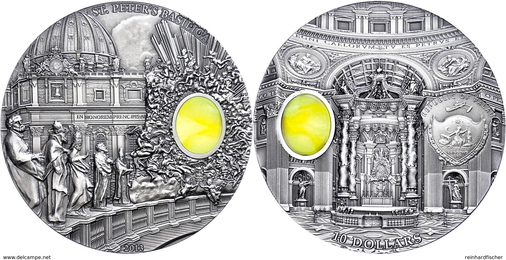 594 10 Dollars, 2013, Mineral Art - St. Peter's Basilica, 2 Unzen Silber, Antik Finish, Stein, In Kapsel Mit Zertifikat, - Palau