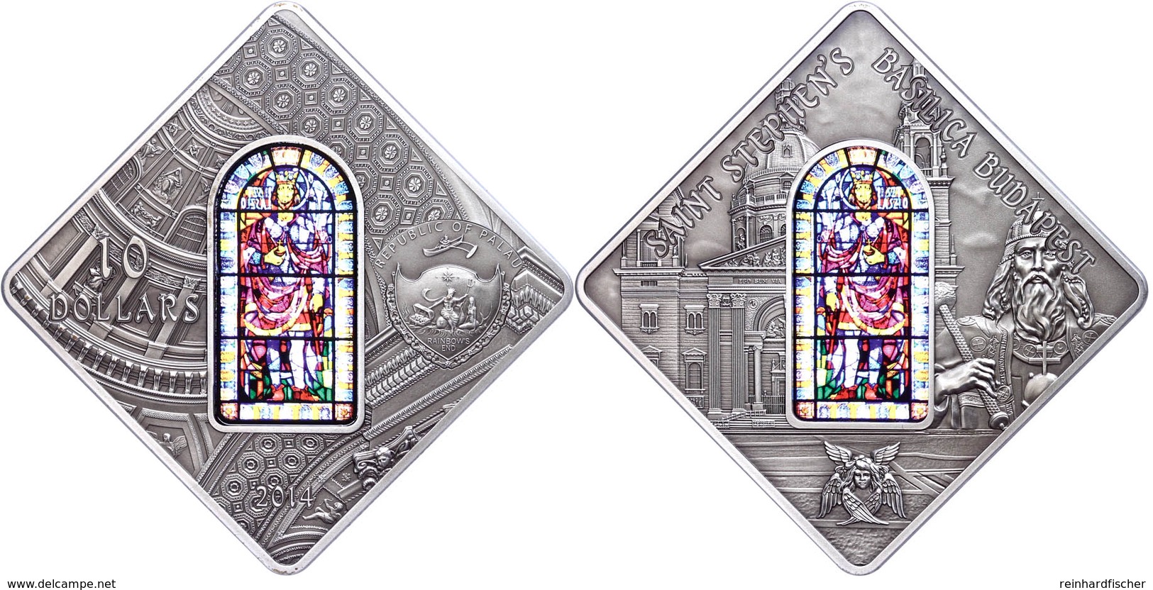 596 10 Dollars, 2014, Holy Windows - St. Stephens Basilica Budapeset, 50g Silber, Antik Finish, Etui Mit OVP Und Zertifi - Palau