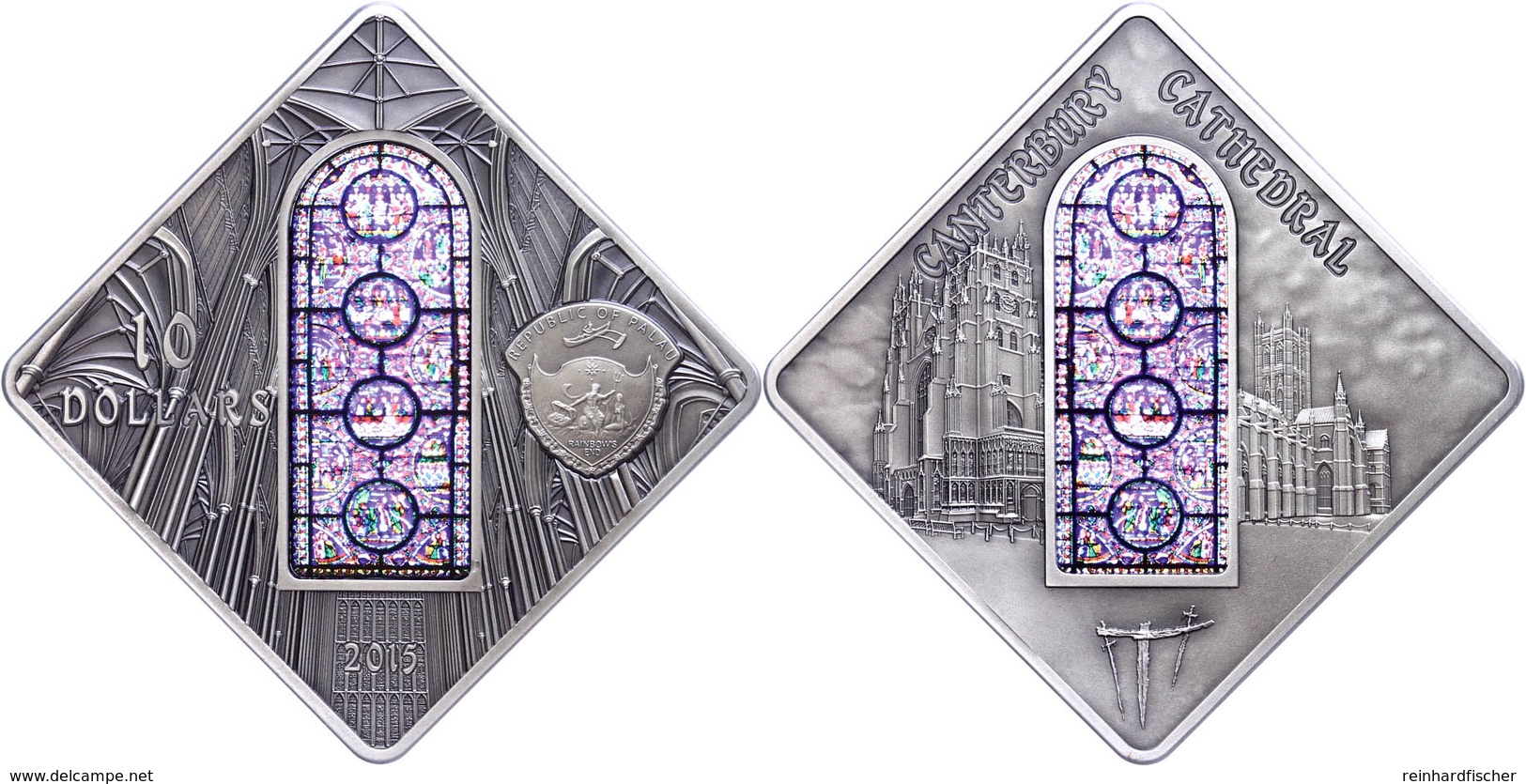 597 10 Dollars, 2015, Holy Windows - Canterbury Kathedrale, 50g Silber, Antik Finish, Etui Mit OVP Und Zertifikat, St. A - Palau
