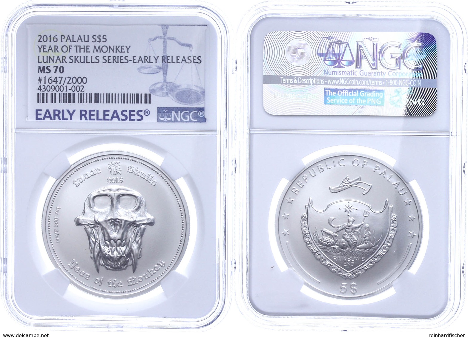 599 5 Dollars, 2015, Lunar Skulls Series-Year Of The Monkey, In Slab Der NGC Mit Der Bewertung MS70, Early Releases. - Palau