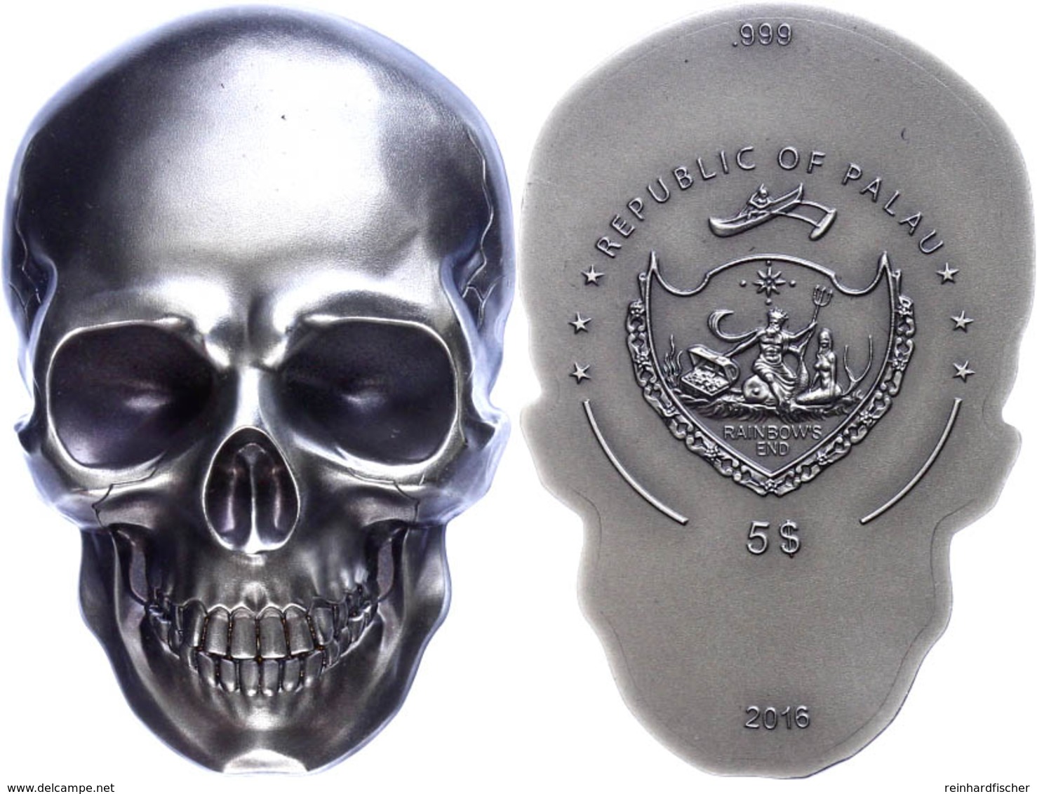 600 5 Dollars, 2016, Skull No. 1 - Totenkopf, Ultra High Relief, 1 Unze Silber, Etui Mit OVP Und Zertifikat, St. Auflage - Palau