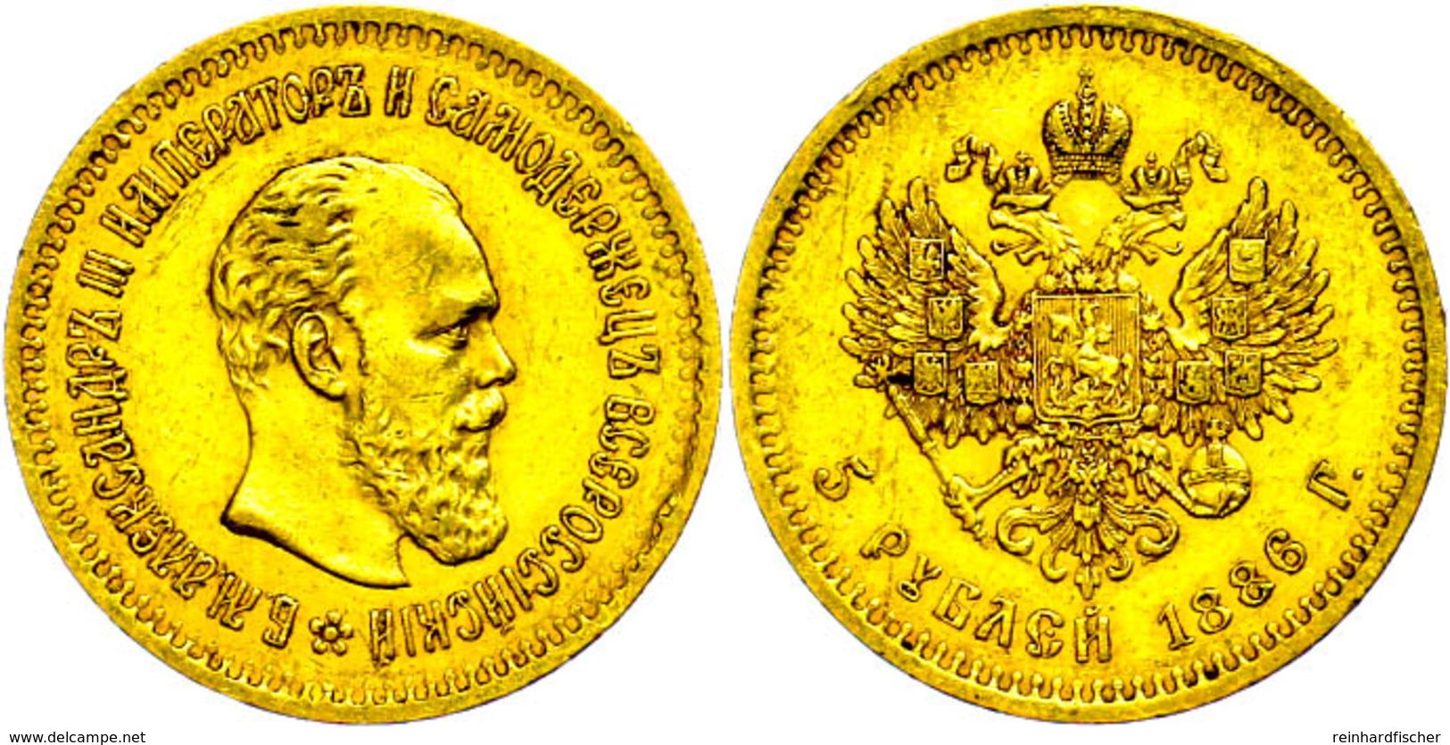 608 5 Rubel, Gold, 1886, Alexander III., St. Petersburg, Fb. 168, Kl. Rf., Vz.  Ss - Russland