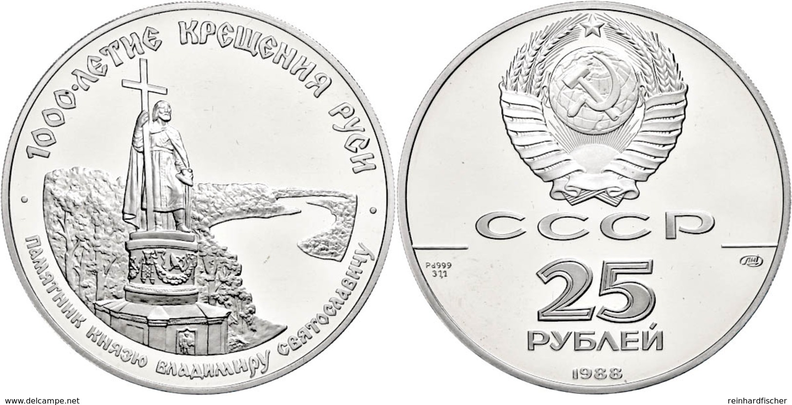 612 25 Rubel, Palladium, 1988, 1000 Jahre Russland - Denkmal Des Großfürsten Wladimir, Parch. 245, Mit Zertifikat Im Ori - Russia