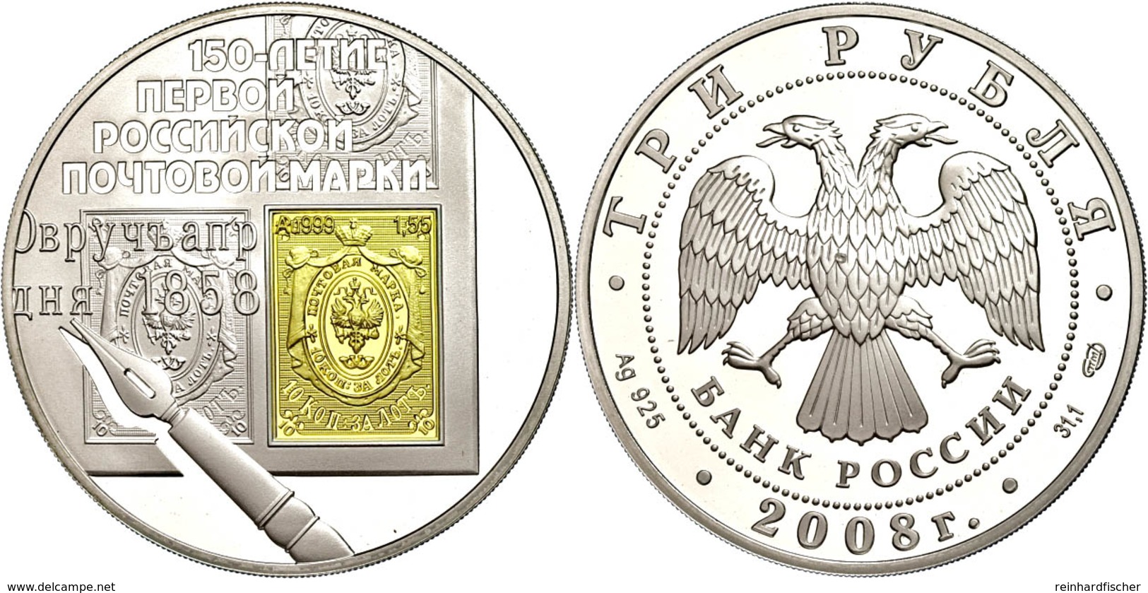 616 3 Rubel, 2008, Inlay Prägung Ag 925/ Au 999, 150 Jahre Ausgabe Der Ersten Russischen Briefmarke, Parch. 1165, PP. Au - Russia