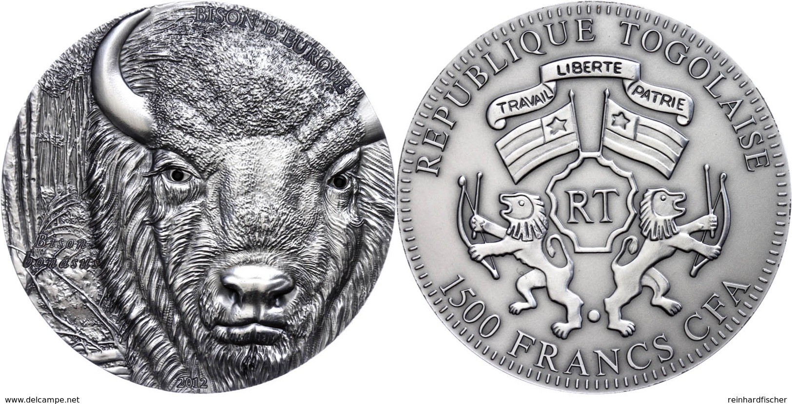 639 1.500 Francs, 2012, Bison D Europe, 2 Unzen Silber, Antik Finish, Steine, In Kapsel Mit Zertifikat, St. Auflage Nur  - Togo