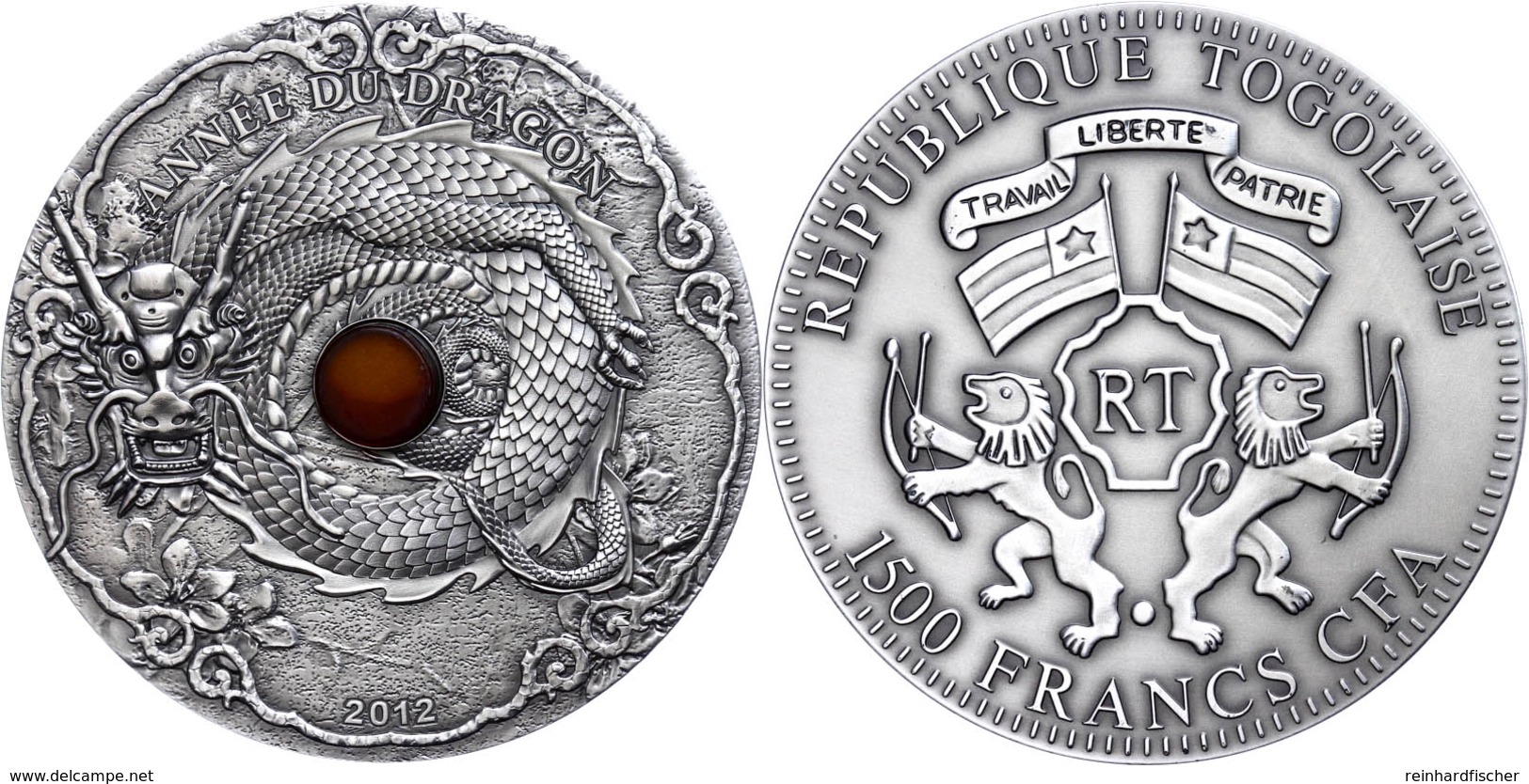 640 1.500 Francs, 2012, Year Of The Dragon, 2 Unzen Silber, Antik Finish, Stein, In Kapsel Mit Zertifikat, St. Auflage N - Togo