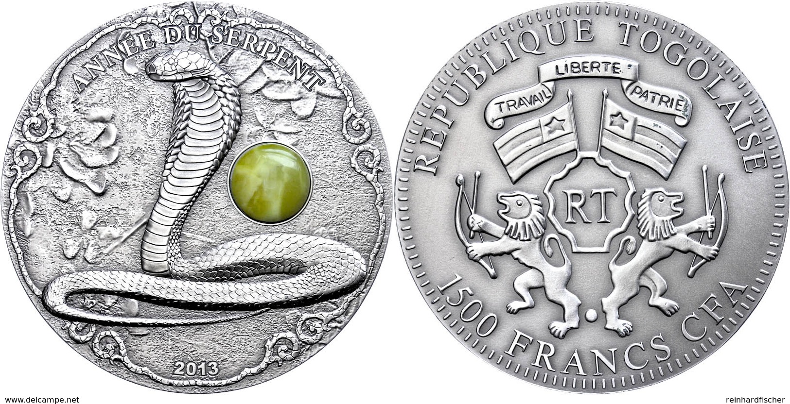 641 1.500 Francs, 2012, Year Of The Snake, 2 Unzen Silber, Antik Finish, Stein, In Kapsel Mit Zertifikat, St. Auflage Nu - Togo