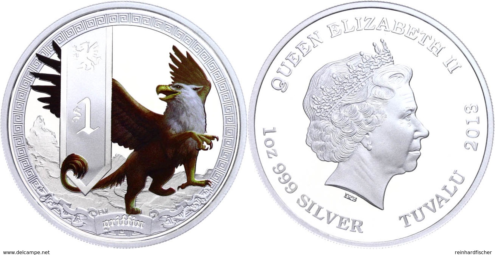 644 1 Dollar, 2013, Griffin, 1 Unze Silber, Coloriert, Etui Mit OVP Und Zertifikat, PP. Auflage Nur 5.000 Stück.  PP - Tuvalu