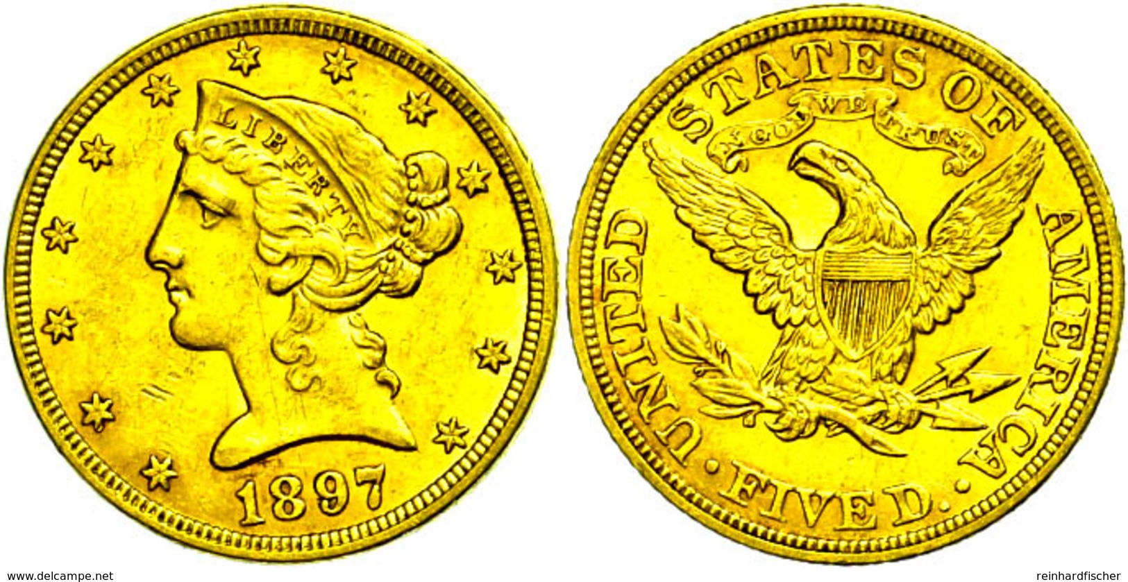 655 5 Dollars, Gold, 1897, Philadelphia, Fb. 143, Ss+. - Andere & Zonder Classificatie