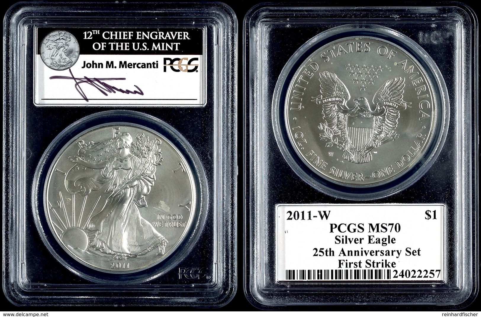 666 1 Dollar, 2011, W, Silver Eagle, In Slab Der PCGS Mit Der Bewertung MS70, 25. Jubiläum Set, First Strike, John M. Me - Other & Unclassified