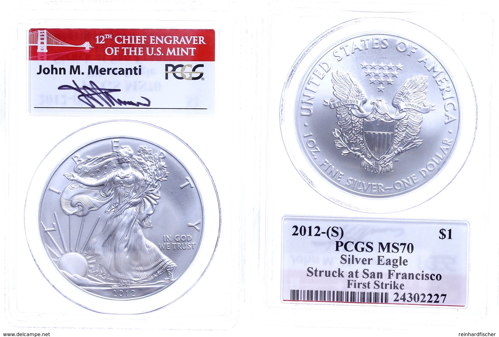 692 Dollar, 2012, Silver Eagle, In Slab Der PCGS Mit Der Bewertung MS70, Stuck At San Francisco, First Strike, Bridge La - Other & Unclassified