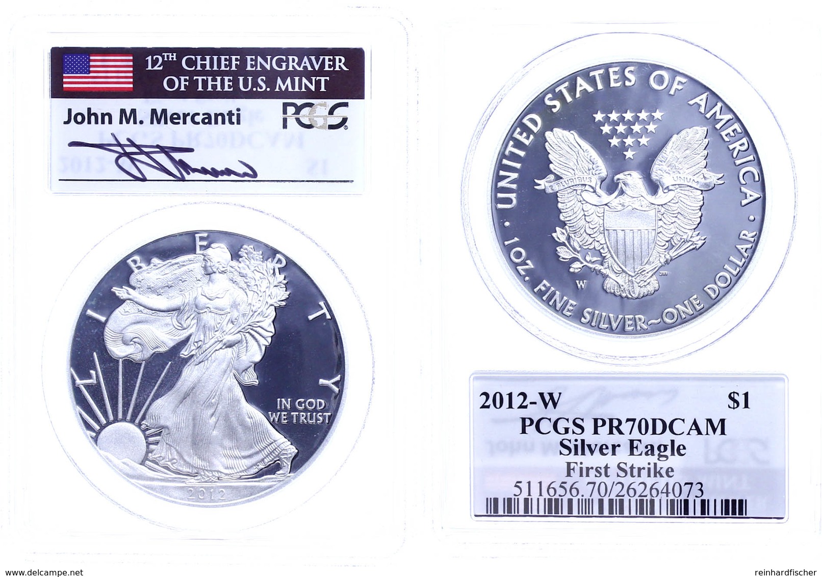 696 Dollar, 2012, W, Silver Eagle, In Slab Der PCGS Mit Der Bewertung PR70DCAM, First Strike, Mercanti- Flag Label. - Sonstige & Ohne Zuordnung