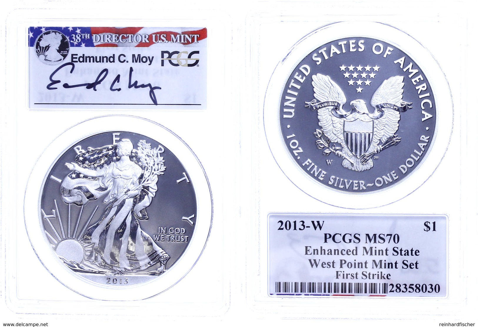 702 1 Dollar, 2013, W, Silver Eagle, In Slab Der PCGS Mit Der Bewertung MS70, First Strike, Enhanced Mint State, West Po - Andere & Zonder Classificatie