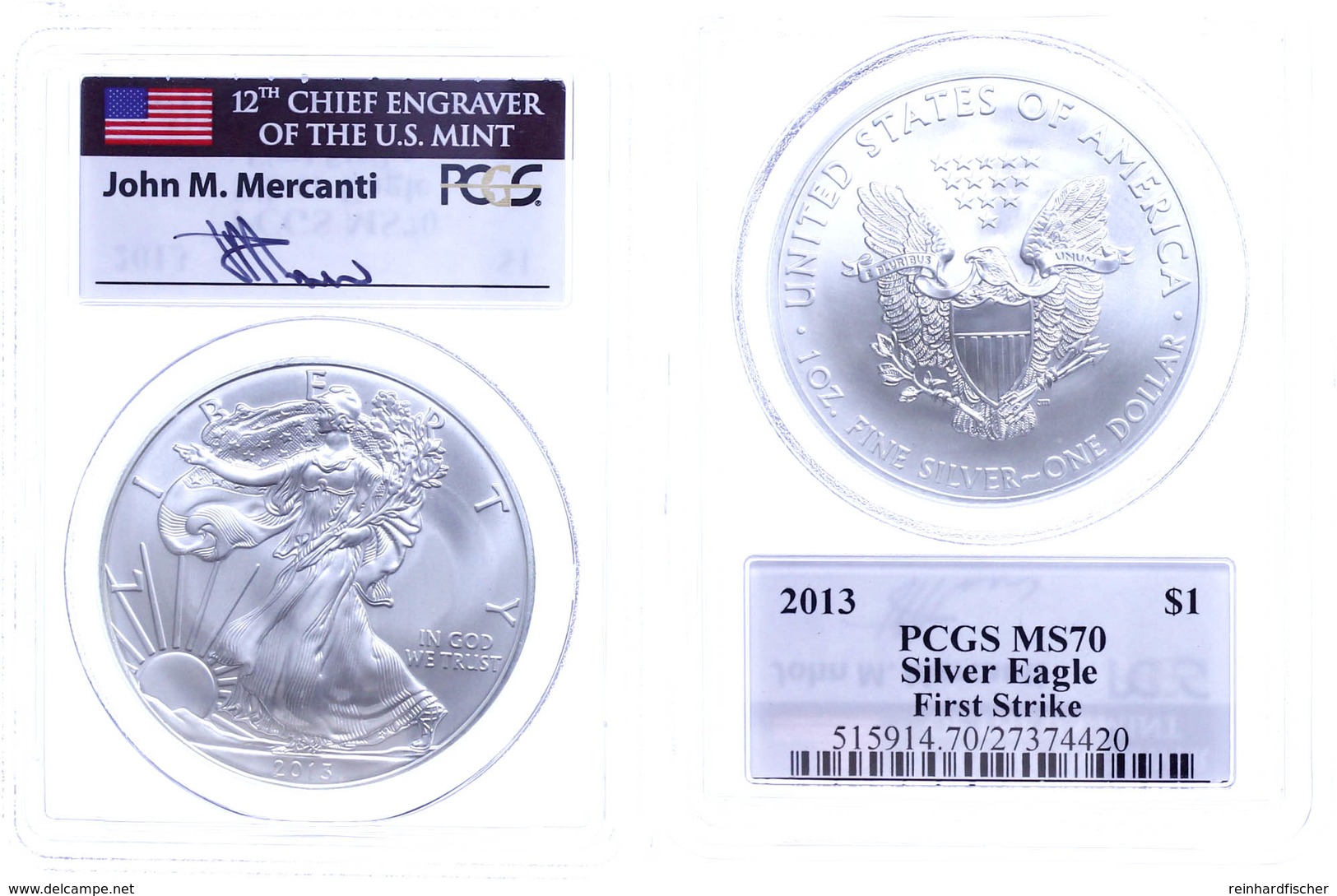 709 Dollar, 2013, Silver Eagle, In Slab Der PCGS Mit Der Bewertung MS70, First Strike, John M. Mercanti Label. - Andere & Zonder Classificatie