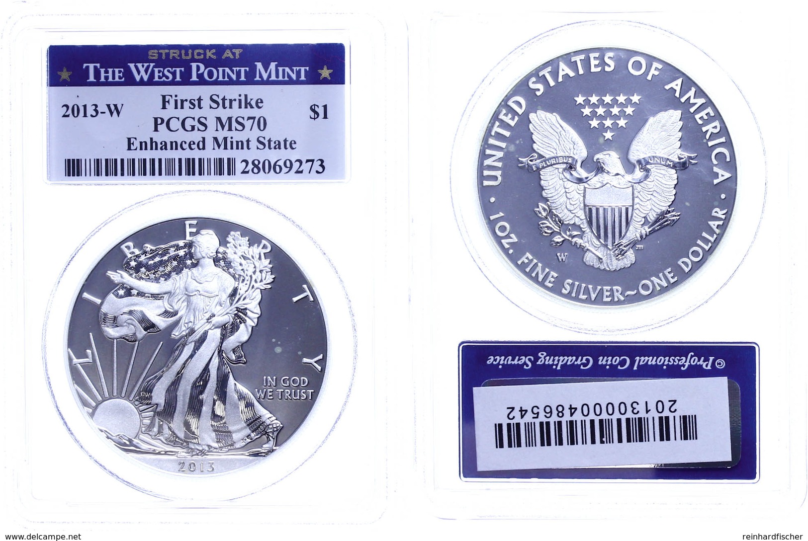 711 Dollar, 2013, W, Silver Eagle, In Slab Der PCGS Mit Der Bewertung MS70, Enhanced Mint State, First Strike, West Poin - Sonstige & Ohne Zuordnung