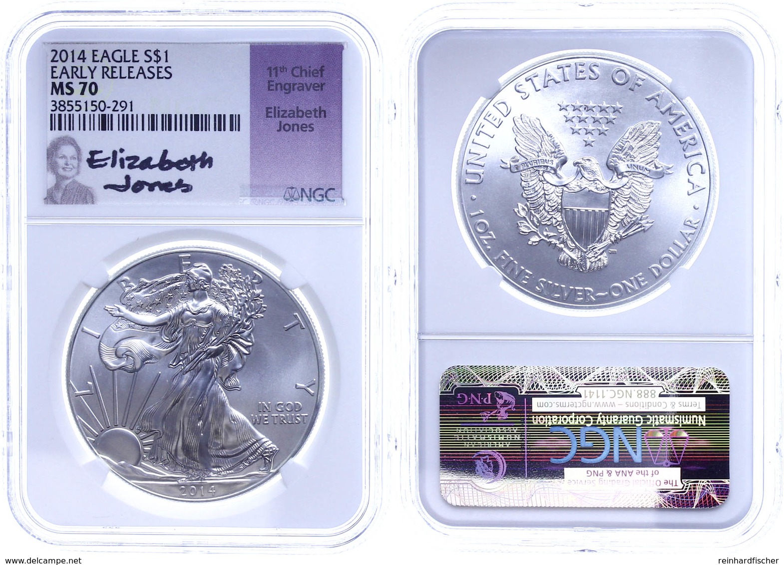 722 1 Dollar, 2014, Silver Eagle, In Slab Der NGC Mit Der Bewertung MS70, Early Releases, Elizabeth Jones Label. - Sonstige & Ohne Zuordnung