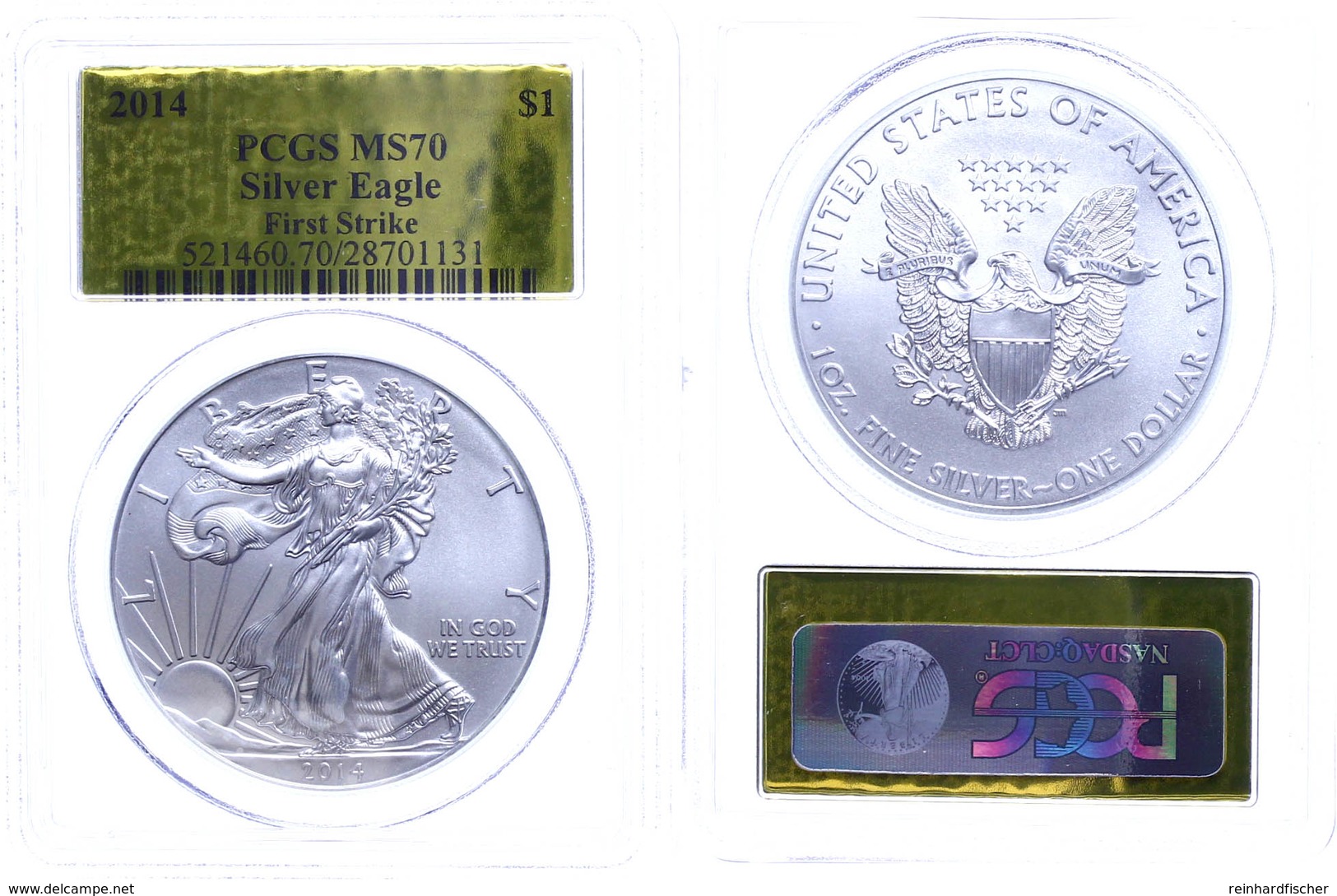 724 1 Dollar, 2014, Silver Eagle, In Slab Der PCGS Mit Der Bewertung MS70, First Strike, Gold Foil Label. - Sonstige & Ohne Zuordnung