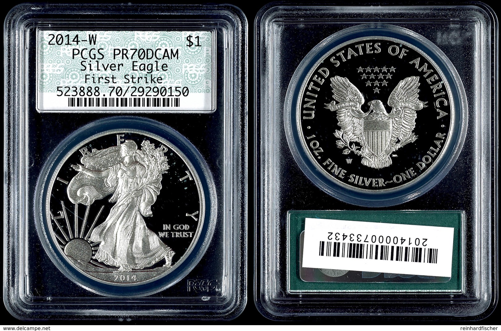 727 1 Dollar, 2014, W, Silver Eagle, In Slab Der PCGS Mit Der Bewertung MS70, First Strike, Grünes Retro Label. - Andere & Zonder Classificatie