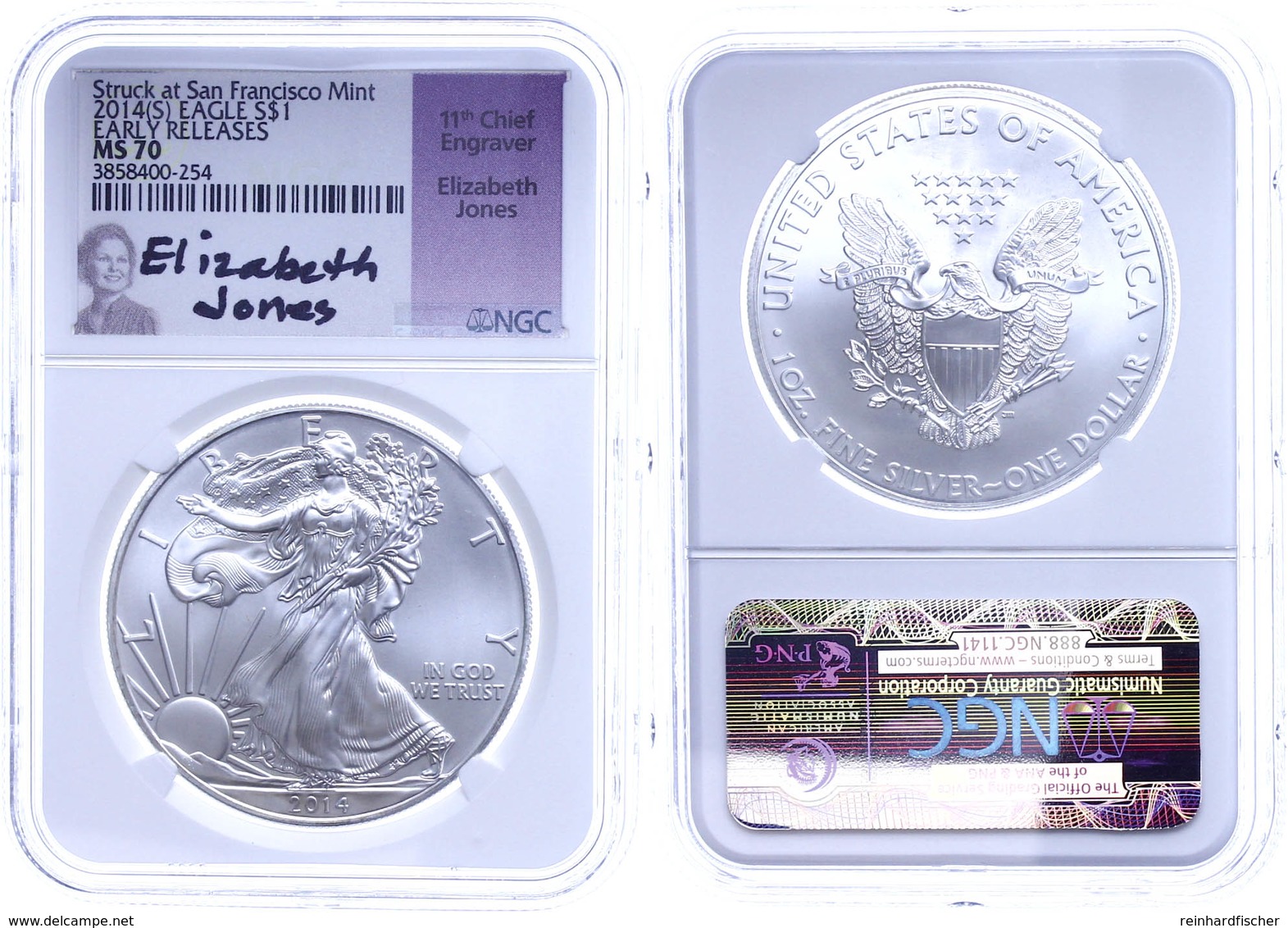 743 Dollar, 2014, Silver Eagle, In Slab Der NGC Mit Der Bewertung MS70, Early Releases, Stuck At San Francisco Mint, Eli - Other & Unclassified