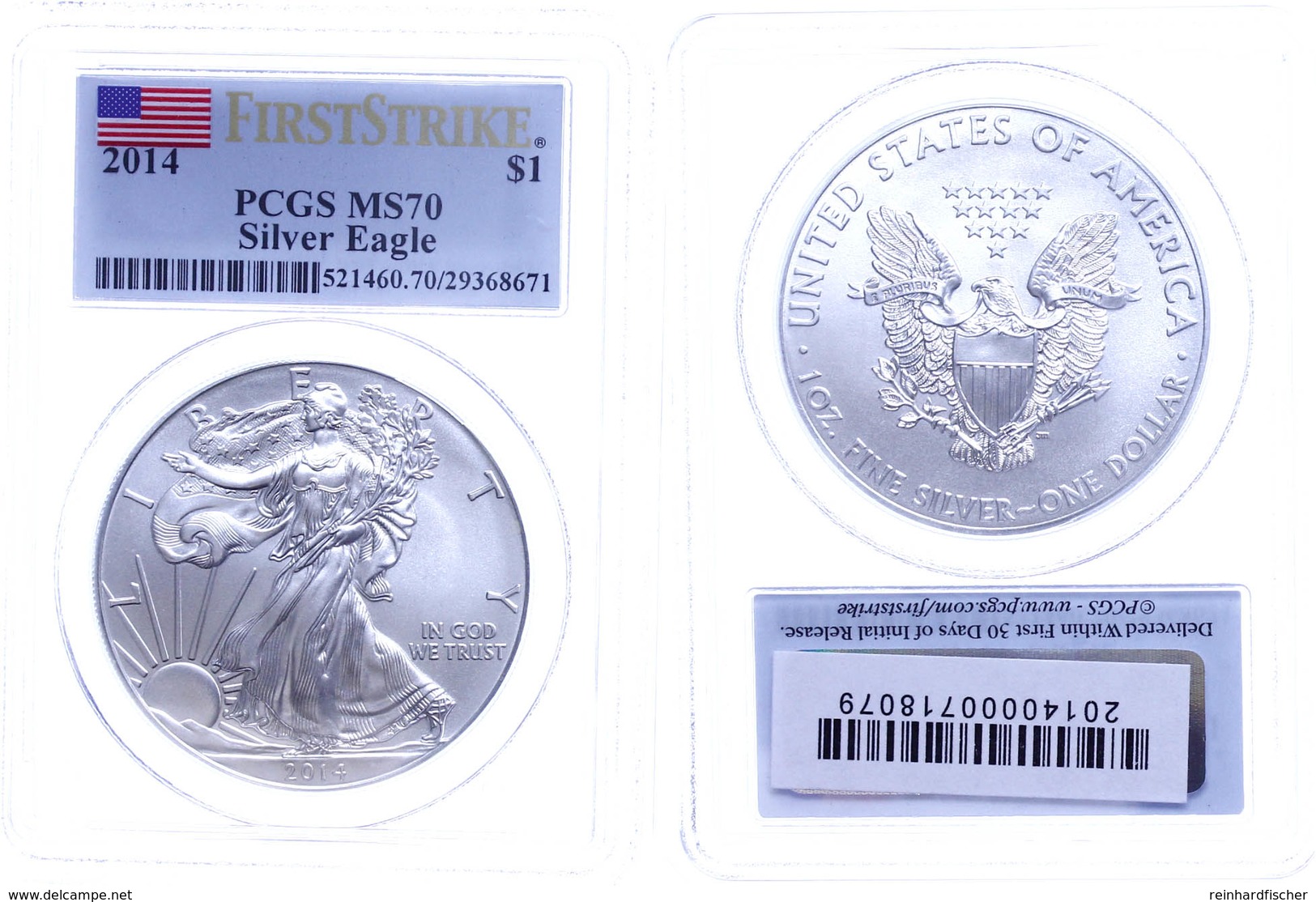 744 Dollar, 2014, Silver Eagle, In Slab Der PCGS Mit Der Bewertung MS70, First Strike, Flag Label. - Sonstige & Ohne Zuordnung