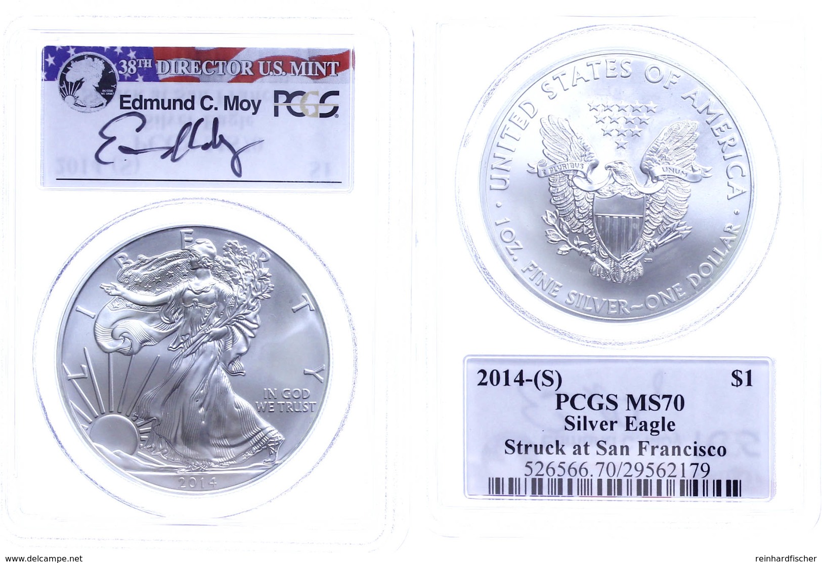 747 Dollar, 2014, Silver Eagle, In Slab Der PCGS Mit Der Bewertung MS70, Stuck At San Francisco, Edmund C. Moy Label. - Sonstige & Ohne Zuordnung