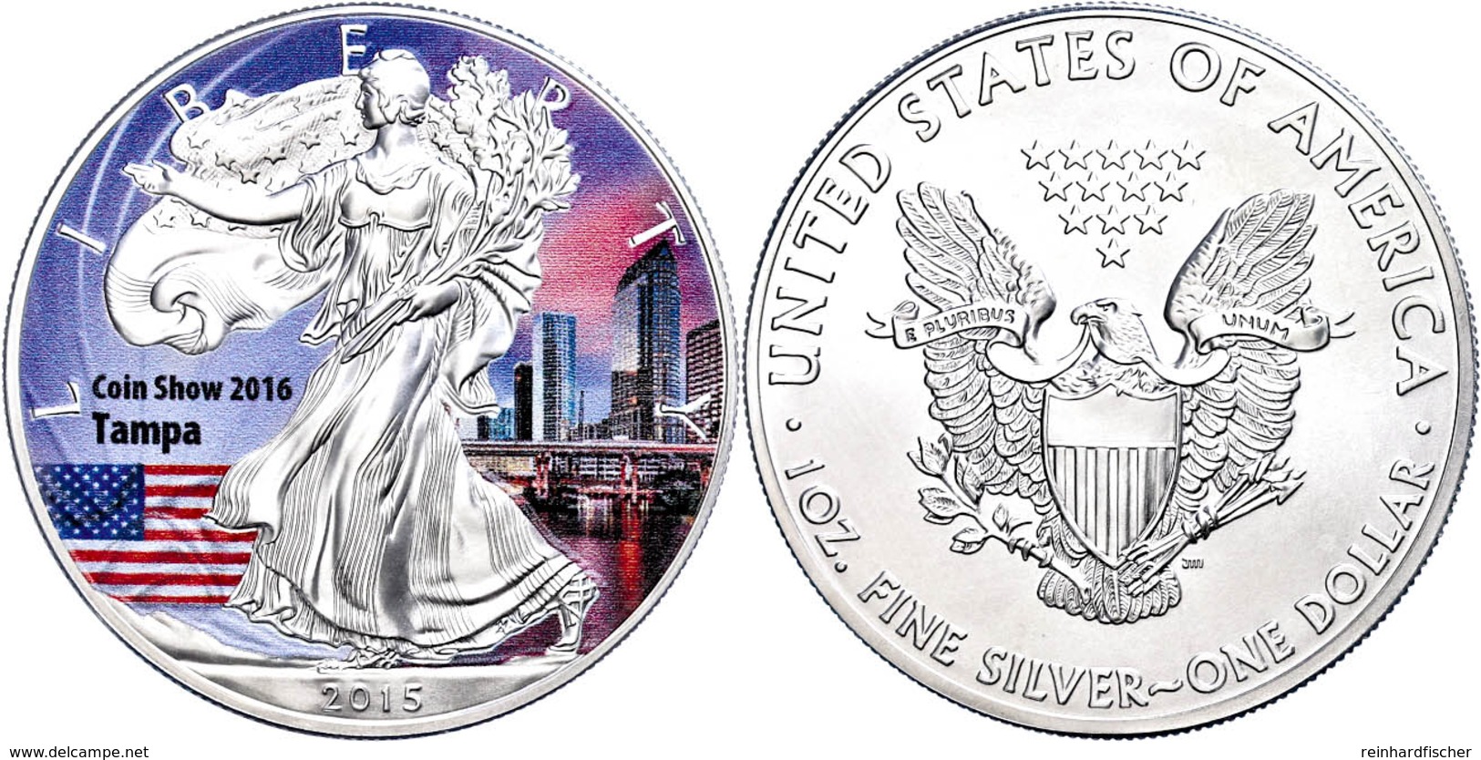 753 1 Dollar, 2015 (Fehlprägung, Müsste 2016 Sein), Silver Eagle - Coin Show Tampa 2016, Je 1 Unze Silber, Coloriert, Nu - Andere & Zonder Classificatie