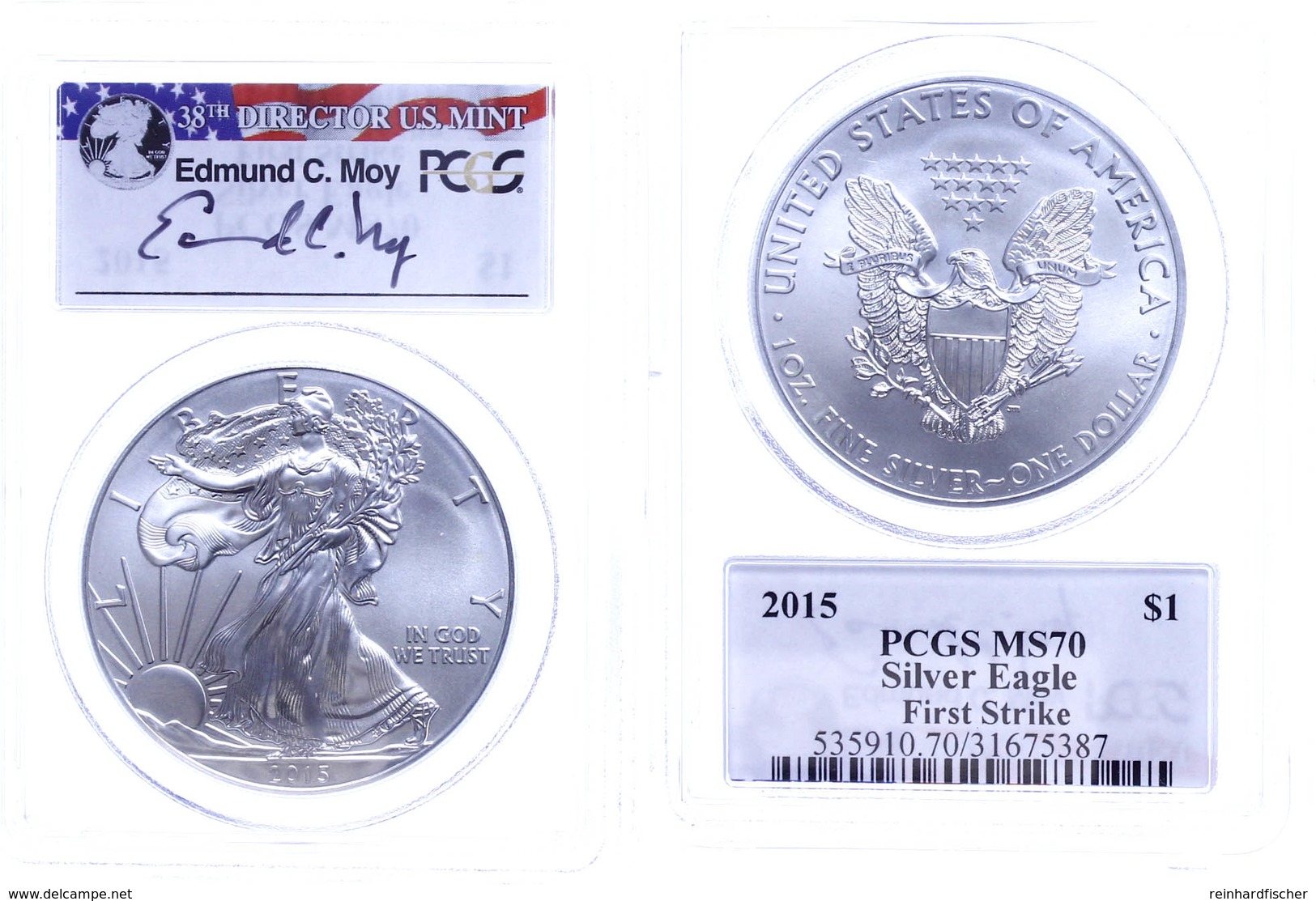 757 1 Dollar, 2015, W, Silver Eagle, In Slab Der PCGS Mit Der Bewertung MS70, First Strike, Edmund C. Moy Label. - Sonstige & Ohne Zuordnung