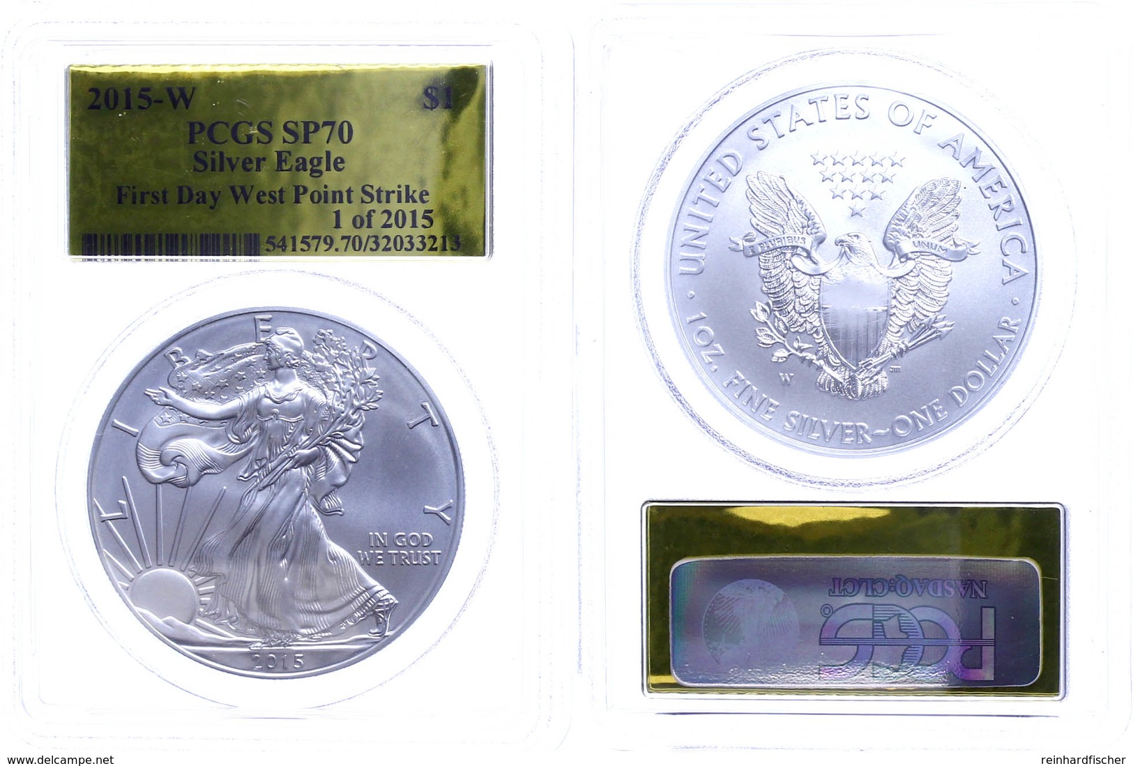 764 1 Dollar, 2015, W, Silver Eagle, In Slab Der PCGS Mit Der Bewertung SP70, First Day West Point Strike, Gold Foil Lab - Other & Unclassified