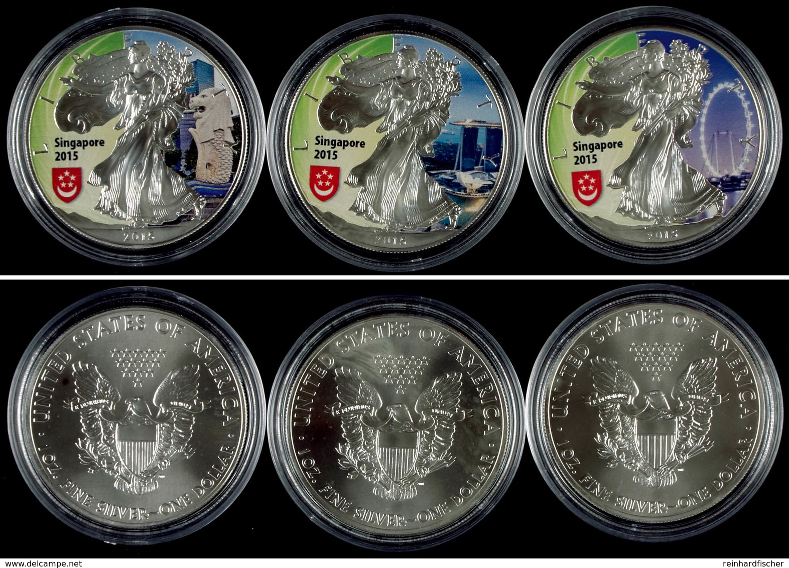 772 Set Zu 3x 1 Dollar, 2015, Silver Eagle - Singapur, Je 1 Unze Silber, Coloriert, Nur In Kapsel, St  St - Other & Unclassified