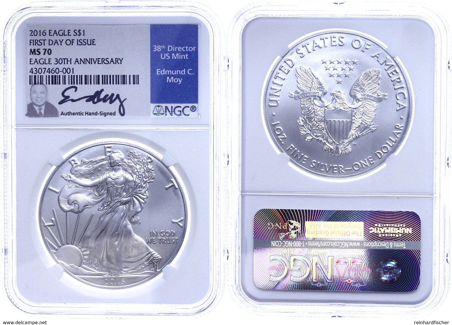 777 1 Dollar, 2016, Silver Eagle, In Slab Der NGC Mit Der Bewertung MS70, First Day Of Issue, Edmund C. Moy Label. - Other & Unclassified