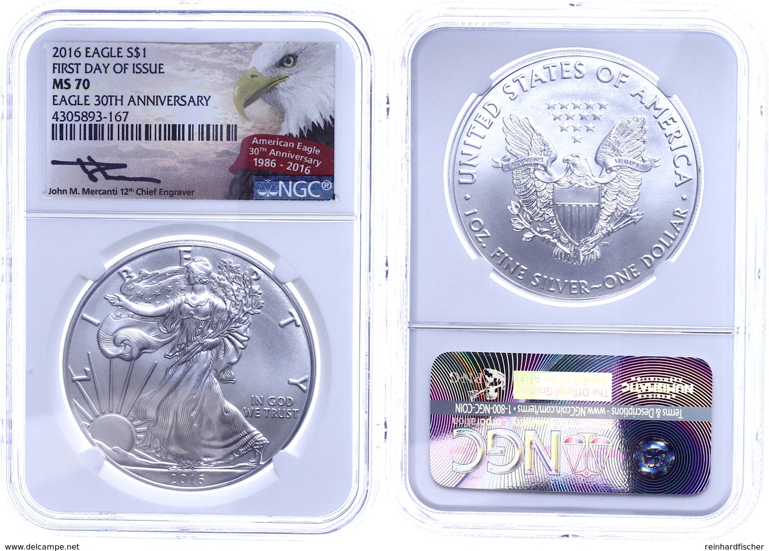 779 1 Dollar, 2016, Silver Eagle, In Slab Der NGC Mit Der Bewertung MS70, First Day Of Issue, Mercanti-Eagle Label. - Other & Unclassified