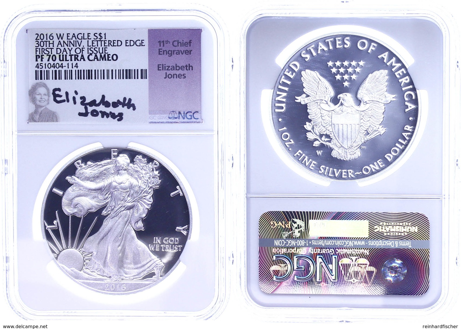 792 Dollar, 2016, W, Silver Eagle, In Slab Der NGC Mit Der Bewertung PF70 Ultra Cameo, First Day Of Issue, Elizabeth Jon - Other & Unclassified