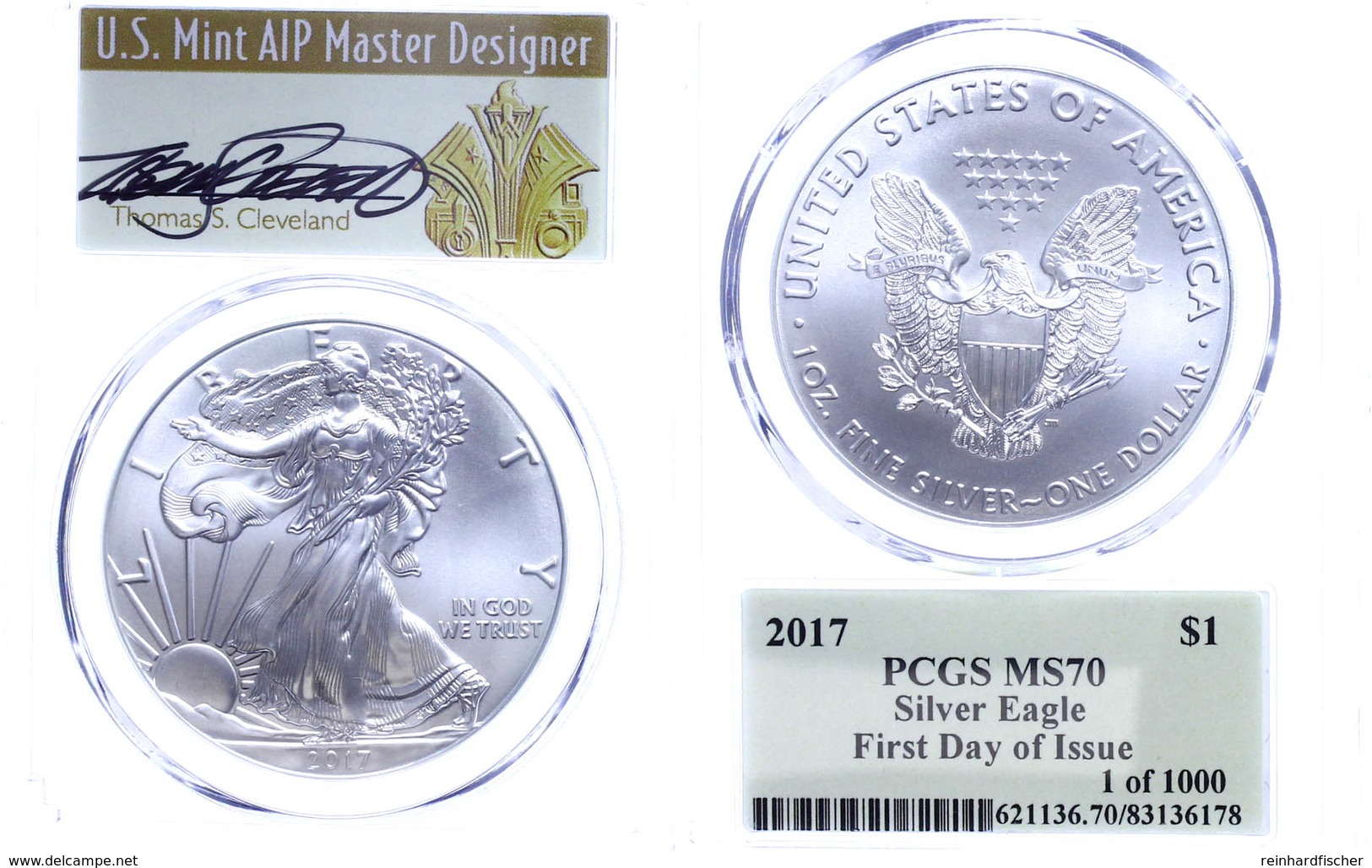 795 1 Dollar, 2017, Silver Eagle, In Slab Der NGC Mit Der Bewertung MS70, First Day Of Issue, 1 Von 1000, Thomas S. Clev - Other & Unclassified