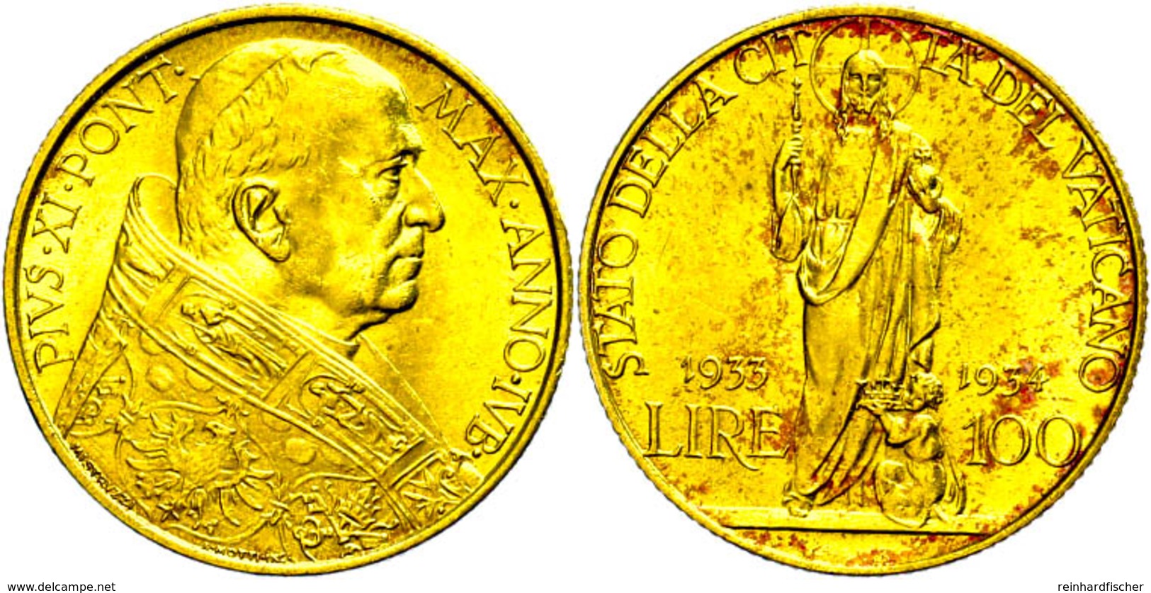 796 100 Lire, Gold, 1933, Pius XI., Fb. 284, Etwas Fleckig, Vz.  Vz - Vatikan