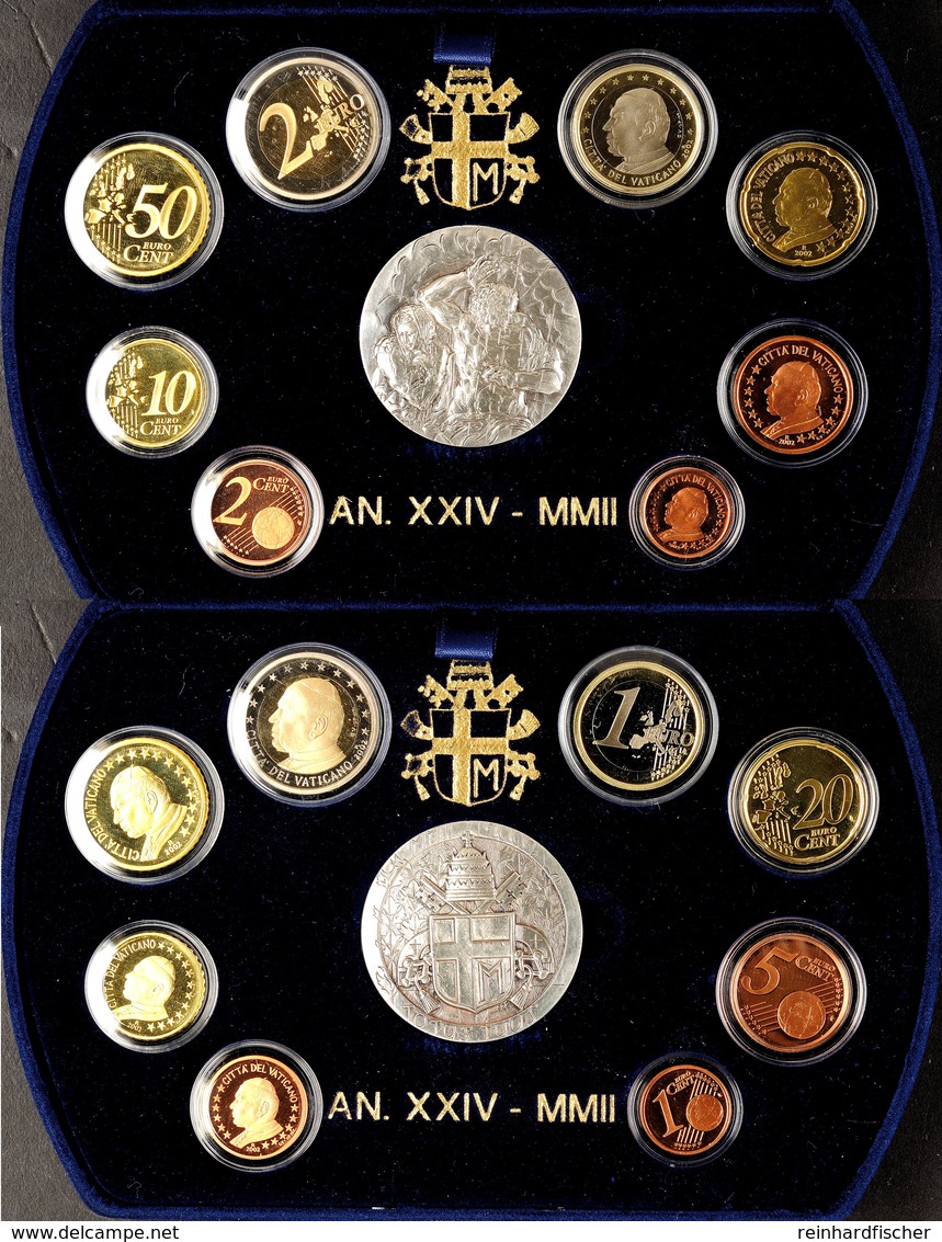 797 1 Cent Bis 2 Euro, 2002, Euro-KMS, Johannes Paul II., KMS Mit Silbermedaille In Blauer Samtschatulle Mit OVP (beschä - Vatikan