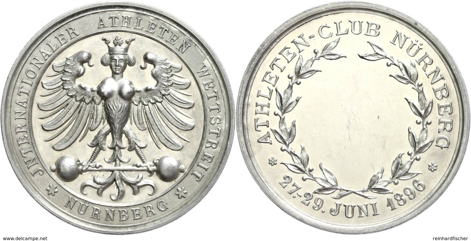 836 Nürnberg, Medaille Versilbert (40 Mm, 27,9 G), 1896, Zum Internationalen Athleten-Wettstreit, Av: Adler Mit Frauenko - Andere & Zonder Classificatie