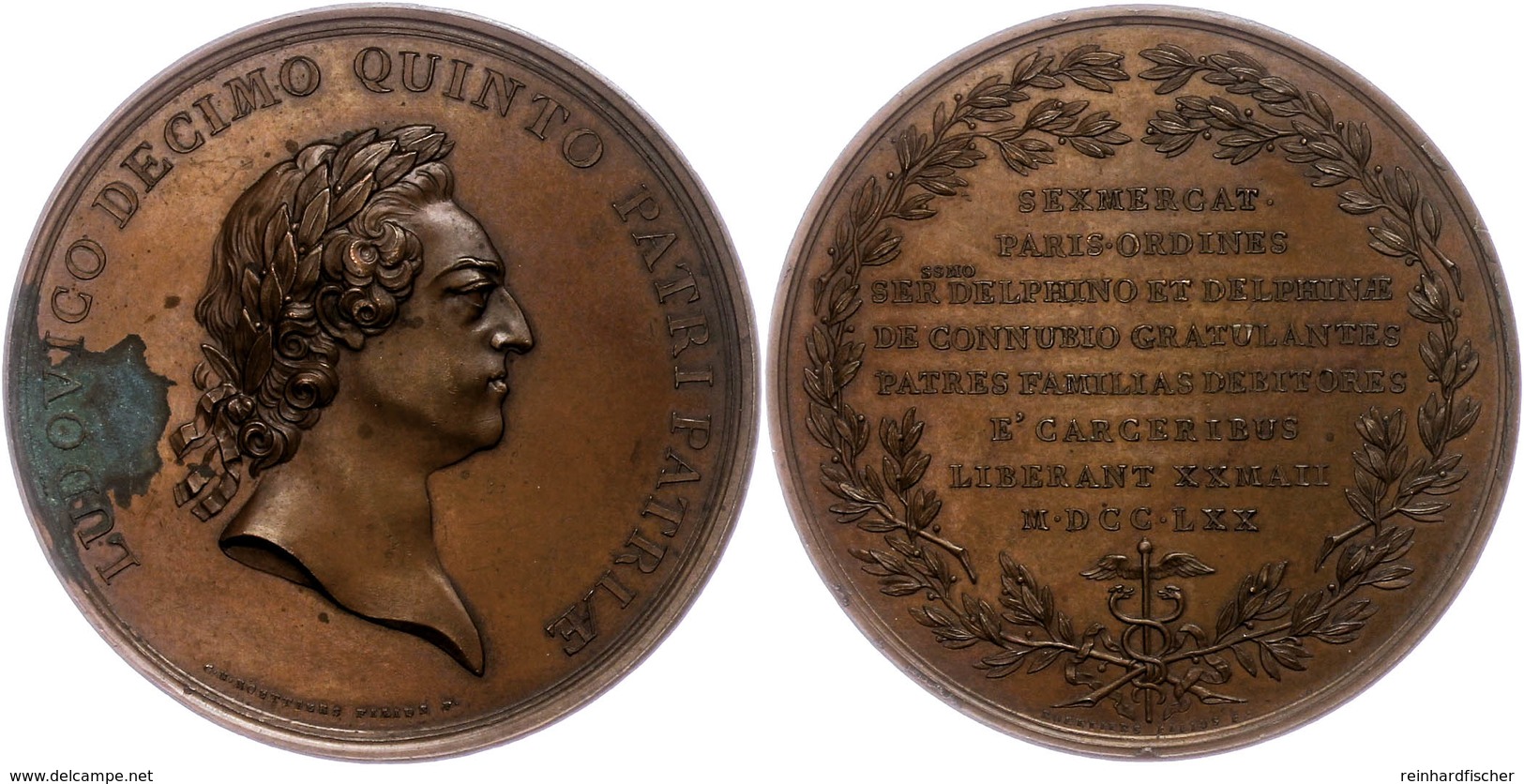 853 Frankreich, Louis XV., Bronzemedaille (Dm. Ca. 64,50mm, Ca. 107,96g), 1770, Von Roettiers. Av: Kopf Nach Rechts, Dar - Other & Unclassified