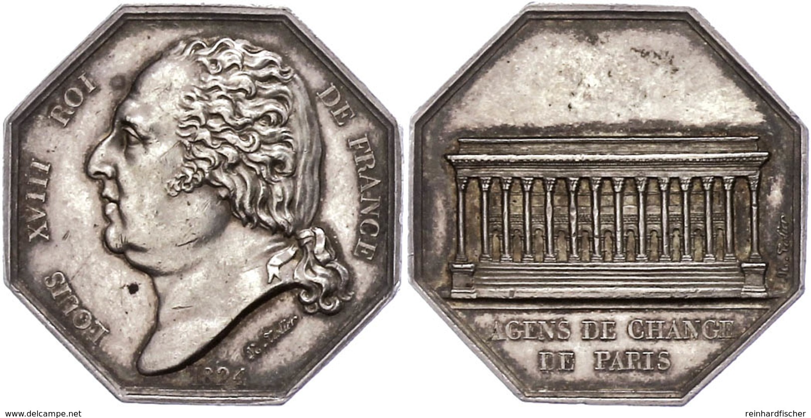 871 Frankreich, Louis XVIII., Oktogonaler Silberjeton (ca. 33,10x33,10mm, Ca. 17,44g), 1824, Von N Tiolier. Av: Kopf Nac - Sonstige & Ohne Zuordnung