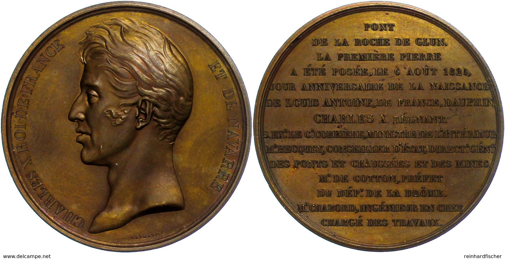 872 Frankreich, Karl X., Bronzemedaille (Durchmesser Ca. 52mm, 61,02g),1825, Von F. Gayrard, Auf Die Brücke über Die Rho - Sonstige & Ohne Zuordnung
