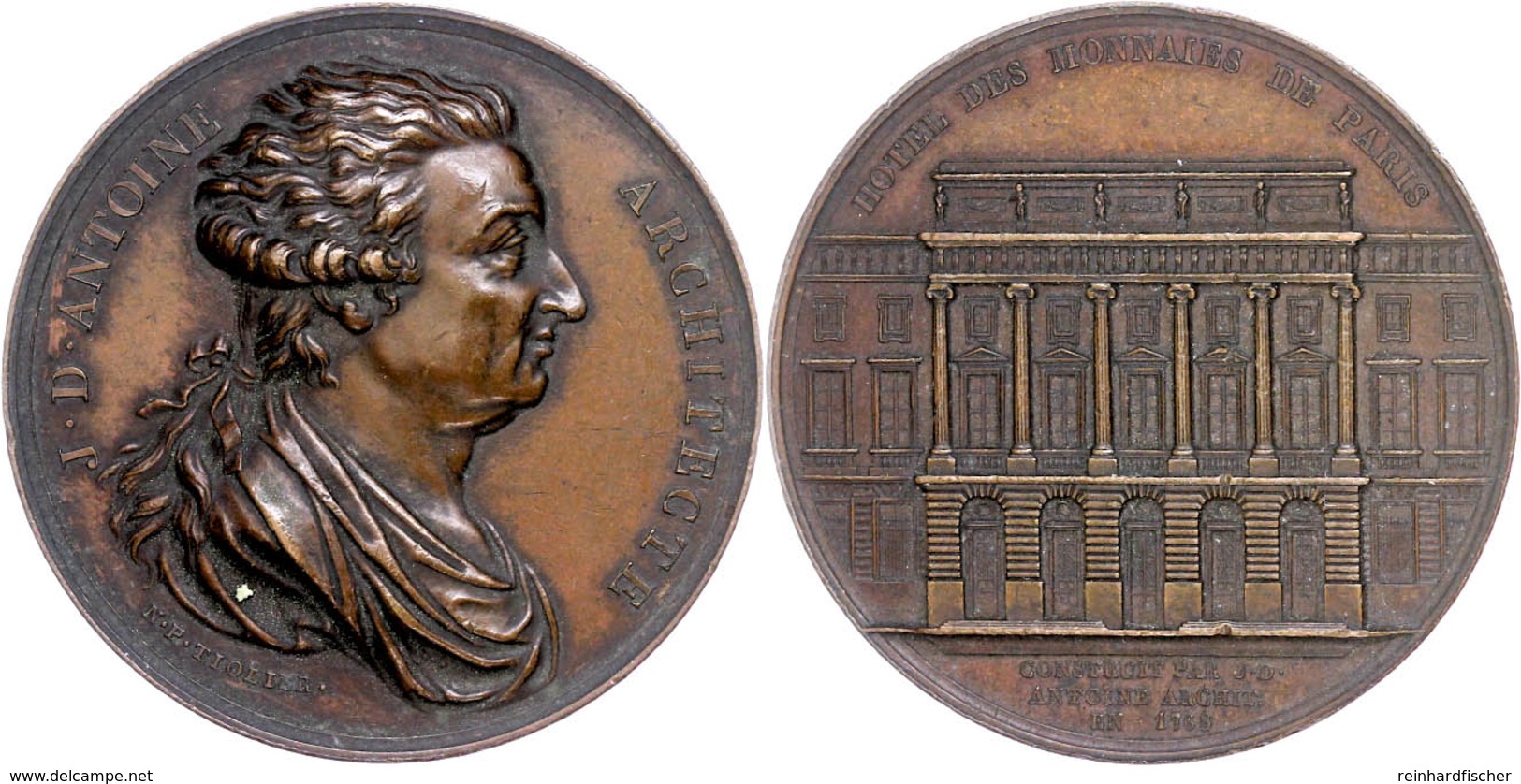 873 Frankreich, Kupfermedaille (Dm. Ca. 41,10mm, Ca. 35,57g), Ca. 1825,von N.P. Tiolier. Av: Büste Des Architekten J.D.  - Andere & Zonder Classificatie